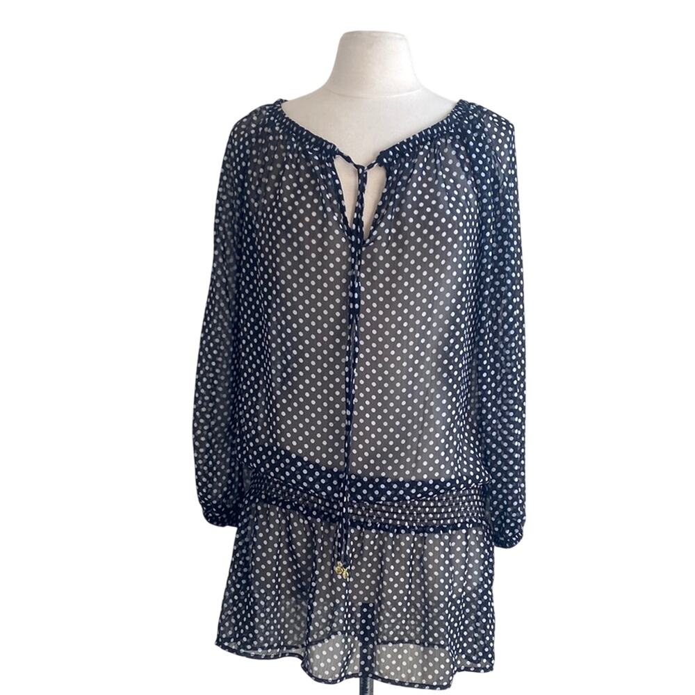 JONES NEW YORK Cover Up Womens Sz Small Black Polka Dot Sheer Drop Waist Dress